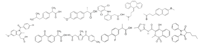 NSAIDs - chemical structure: ibuprofen, naproxen, diclofenac, cyclobenzaprine, nabumetone, indomethacin, ketoprofen, tolmetin, flurbiprofen, meloxicam, phenylbutazone
