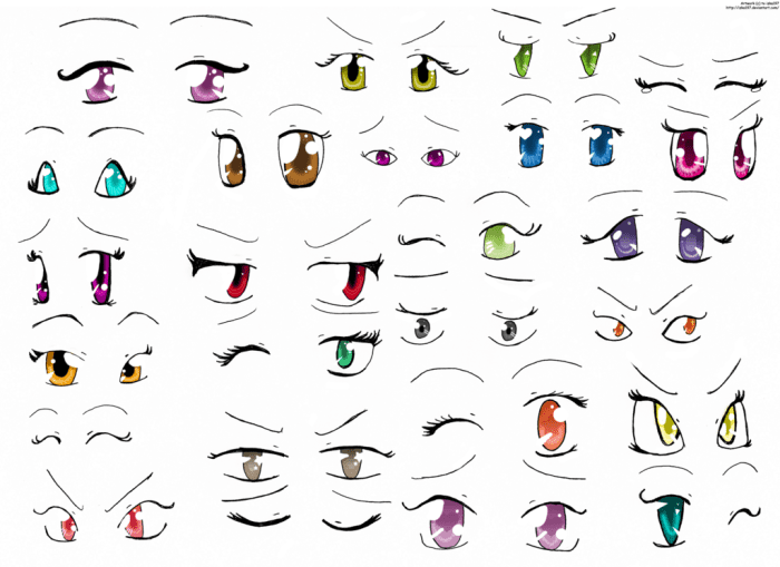 A good thing to do is to make a page like this where you just draw lots of varieties of anime-style eyes, perhaps while looking at your favorite manga for cues about how the eyes should look.