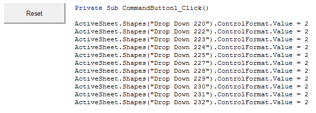 A Command Button alongside the Visual Basic code designed to reset drop down boxes with a single click created using Excel 2007 and Excel 2010.
