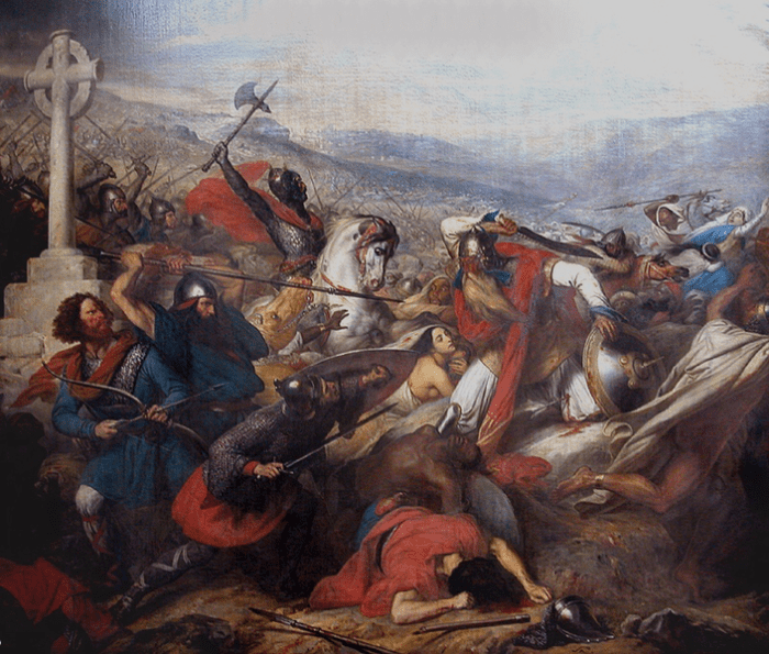 This stunning painting by Charles de Steuben depicts Charles Martel, leader of the Franks facing Abdul Rahman leader of the Moors.