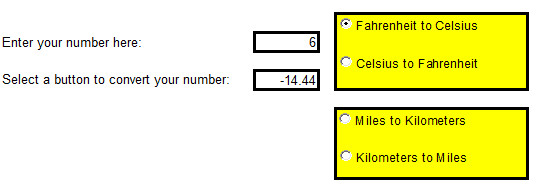 Using the CONVERT function with Option (Radio) buttons to create a panel which allows users to convert numbers between various measurements automatically.