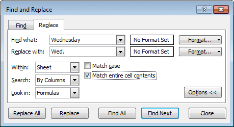 Using the Find and Replace tool in Excel 2007 and Excel 2010 to replace specific cell's contents with updated text.