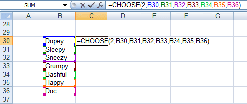 Example of how to use the CHOOSE function to select an item from a list in Excel 2007 and Excel 2010.