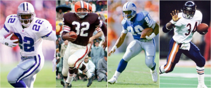 Emmitt Smith, Jim Brown, Barry Sanders, and Walter Payton are universally acknowledged as the greatest running backs of all time.