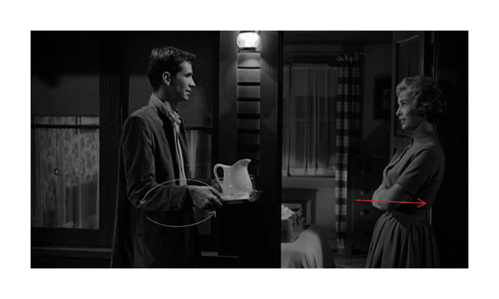 Leigh and Perkins in the medium shot where almost all of their verbal exchange in this scene occurs