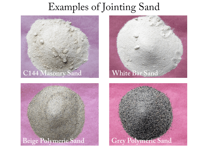Alternative jointing sands (clockwise from top left) include C144 mason sand, white bar sand, grey polymeric sand and beige polymeric sand.