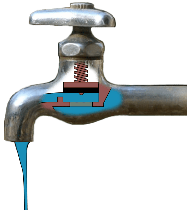 Tap mechanism. The black washer part is screwed down onto a seat, shutting off flow.