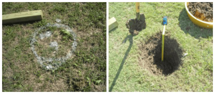 Post hole position (on left) and completed post hole (on right)