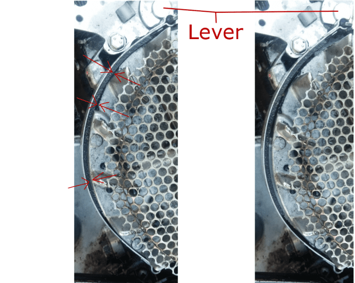 Look closely to see the gap created between the brake and the flywheel when the safety bar is pulled.