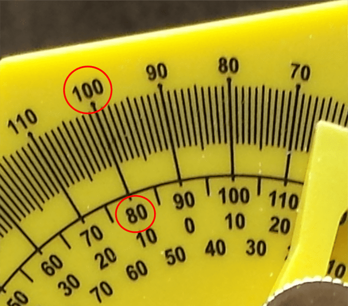 Working with a miter saw—if you have an angle measuring 100°, its corresponding number is 80° on the protractor. Divide that by 2, and you get 40°. So you place your miter saw’s number at 40°.