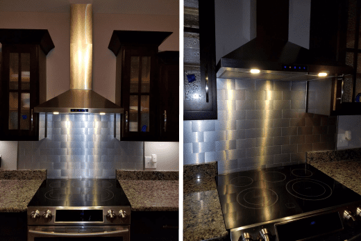 A view of the range hood installed in a kitchen and a close up of how well it illuminates the cook top.