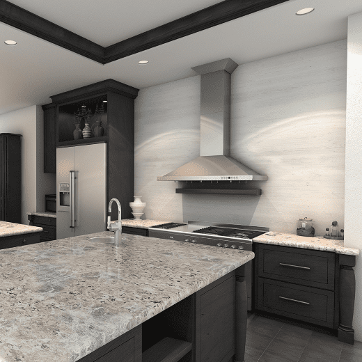 The range hood is the focal point of this kitchen.