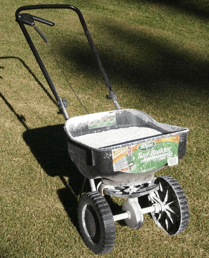 You can use a simple hand-push spreader for fertilizing and also seeding.