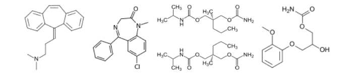Chemical structures of common muscle relaxants, used to reduce the symptoms of sciatica: cyclobenzaprine, diazepam, carisoprodol and methocarbamol