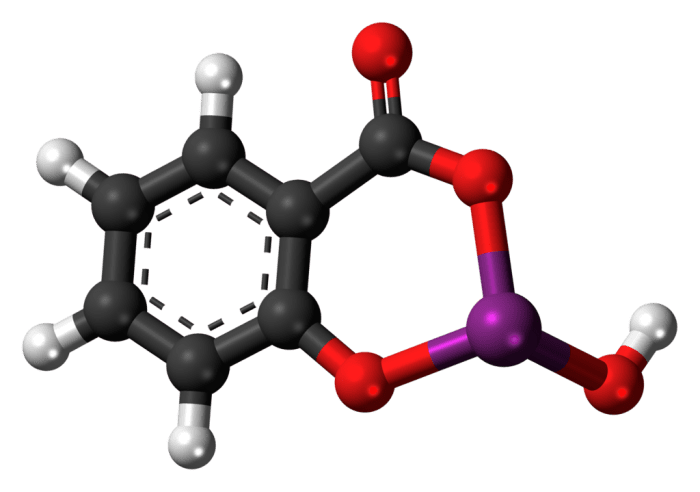 A ball and stick model of a bismuth subsalicylate molecule (carbon atoms are black, hydrogen grey, oxygen red, and bismuth purple)