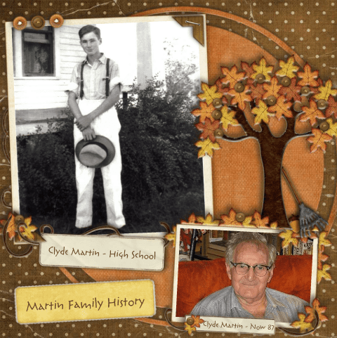 These photos of my father are nicely displayed with a scrapbook style. Scrapbook supplies like special paper and dimensional elements create a nice scene.