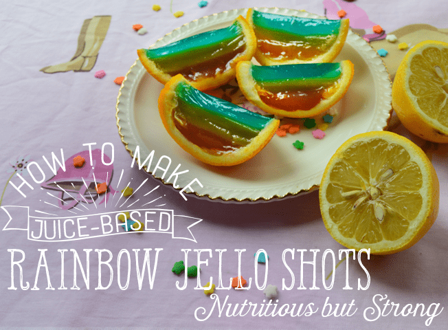 Rainbow juice-based jello shots in orange peels are one of many you can make for your next get-together!