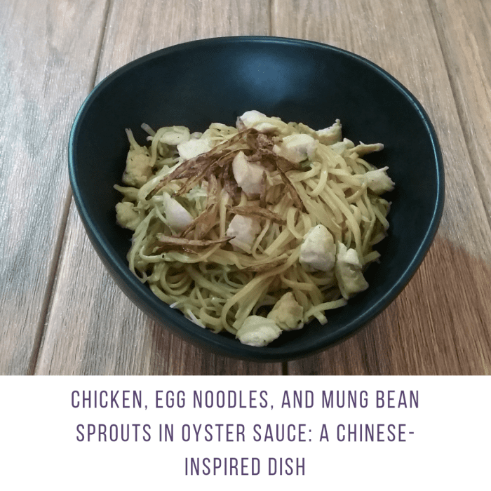 Learn how to make Chinese-style egg noodles with chicken and mung bean sprouts in oyster sauce.