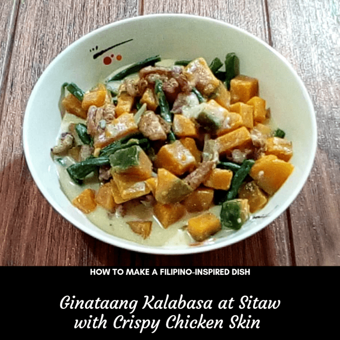 Learn how to make ginataang kalabasa at sitaw with crispy chicken skin, a Filipino-inspired dish.