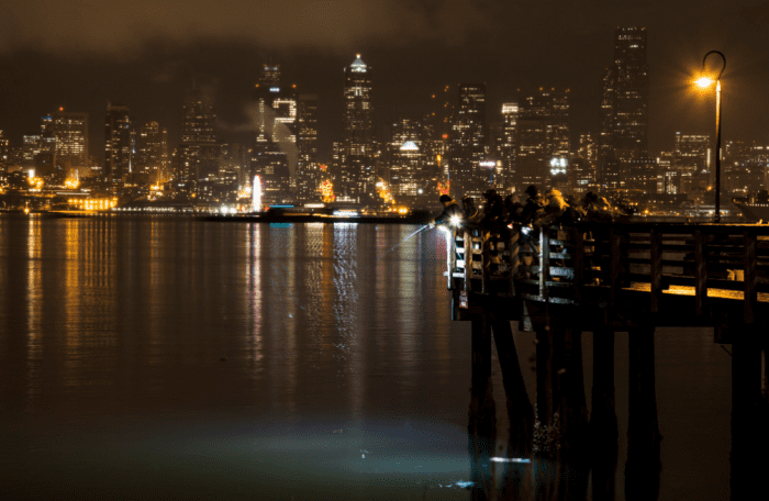 Squid fishermen at night in West Seattle. Notice the bright lights they use to illuminate the water to attract squid.