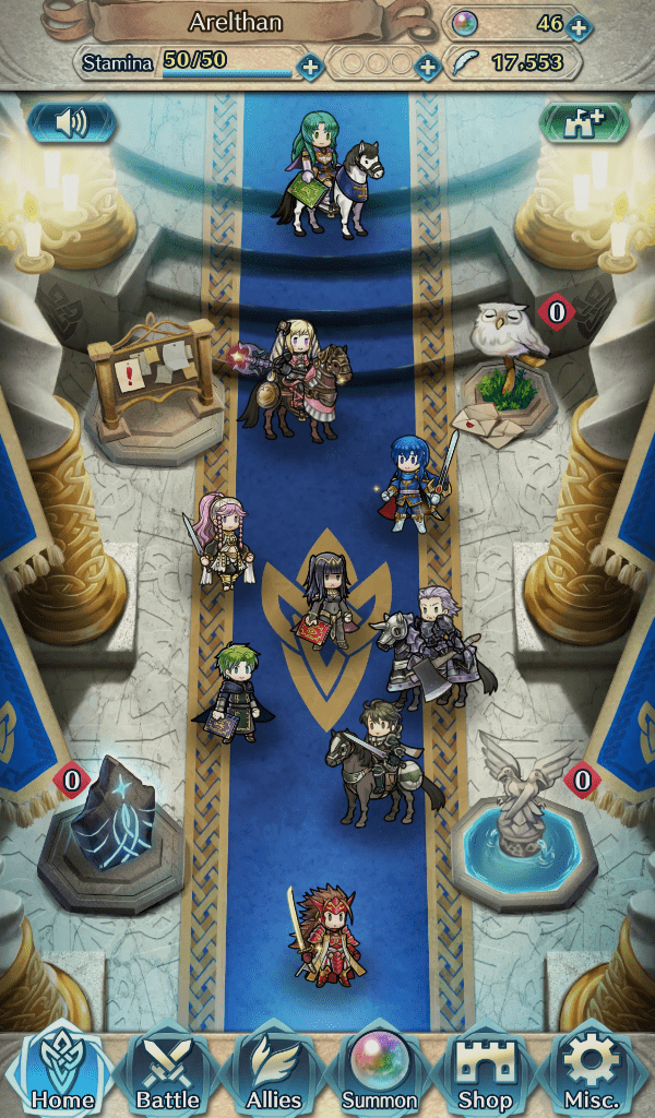 A picture of my castle in Fire Emblem: Heroes. You can see my Orb count at the upper-right corner of the screenshot.