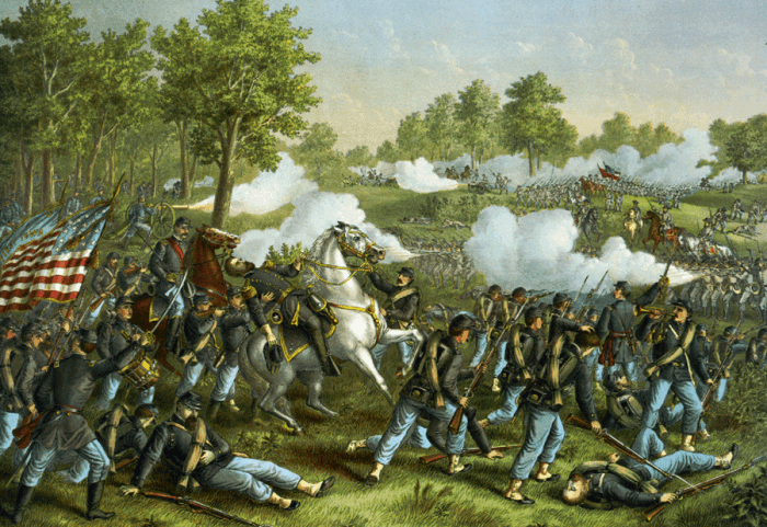 The leader of the Union forces at Wilson Creek, General Nathaniel Lyon, falls mortally wounded with a bullet to the heart the first Union general to die in the Civil War, as Union troops fight on.