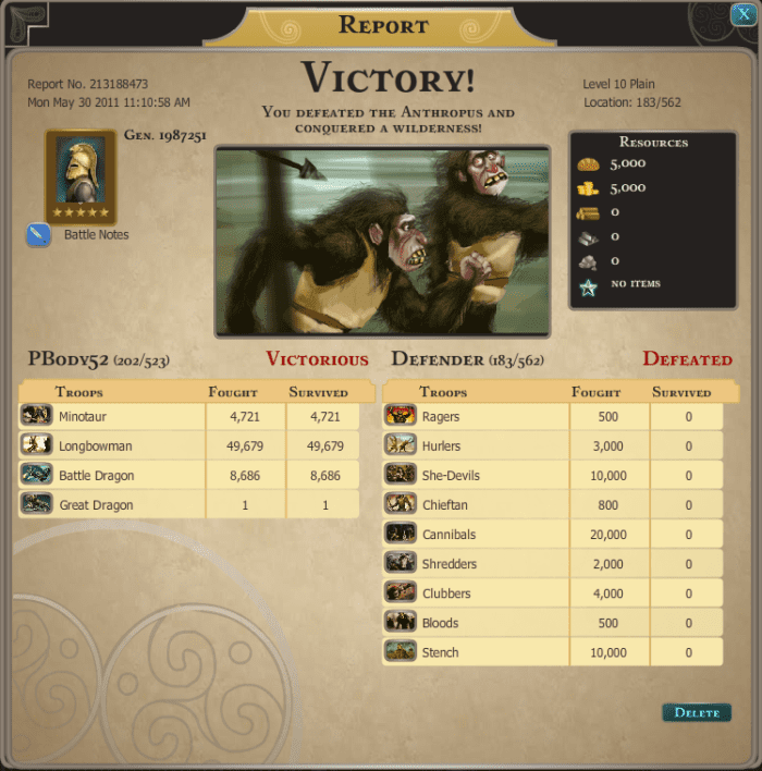 Here you can see what I attacked the level 10 Plain with and my results. The important information is in the number of monsters defending the Plain, so make sure you have enough troops to conquer the plain before sending your attack.