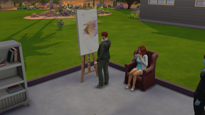 A sim is painting a picture in "The Sims 4" while another sim looks on. Paintings can evoke emotional responses, and they sell based on their quality.