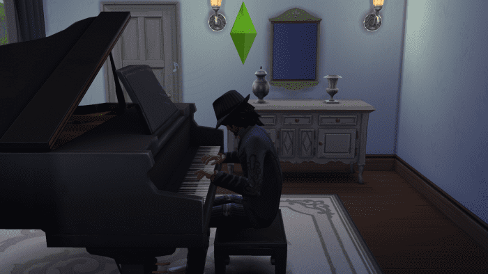 A sim is playing a piano in "The Sims 4." Note that pianos, guitars, and violins all have their own skills.