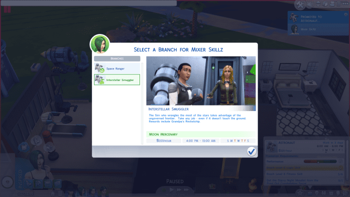 The Interstellar Smuggler job route in "The Sims 4," another branch along the Astronaut career path.