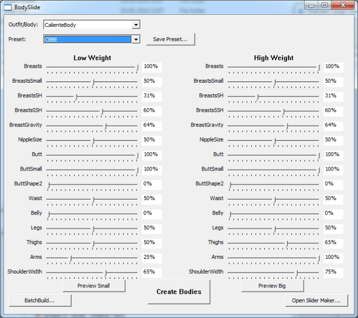 Example of the sliders available in CBBEs BodySlide application which you can use to adjust the body shape of your Player Character in "Skyrim".