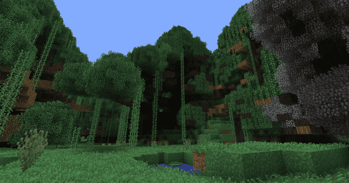 For the most part, the Biomes O' Plenty compatibility is wonderful, but in some cases the new trees can take over a zone that should be mostly clear, such as this grasslands biome.