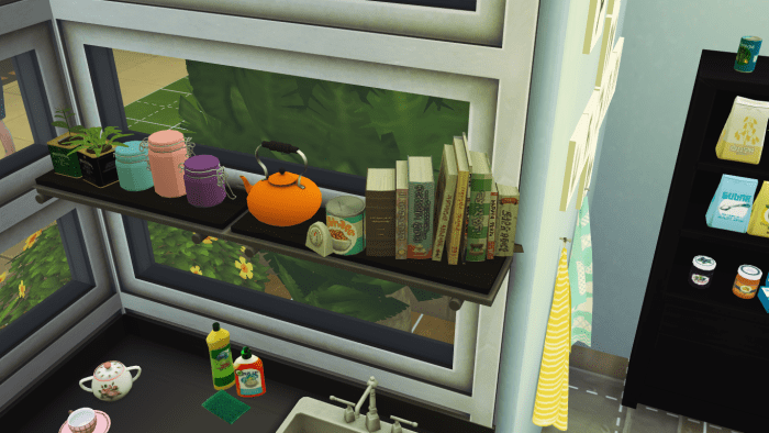 My Sim's clutter-filled kitchen.
