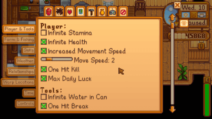 CJB Cheats Menu gives you full power over your "Stardew Valley" game! Don't let it go to your head. ;)