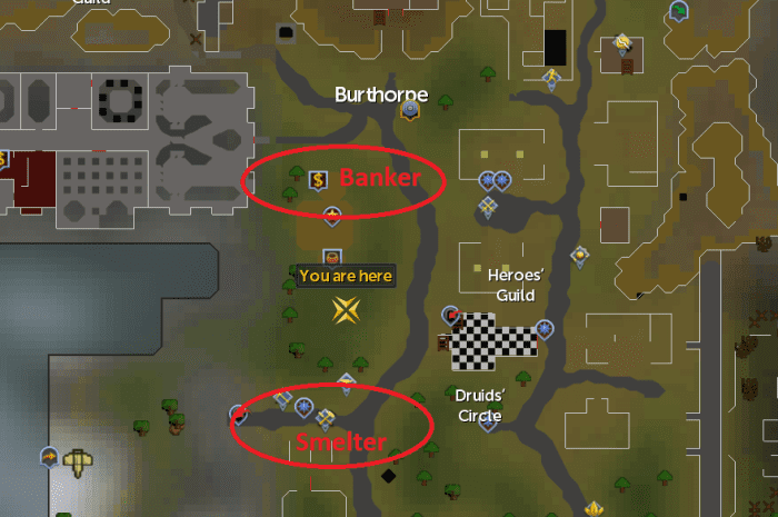 Location of bank and smelter in Burthrope in Runescape.
