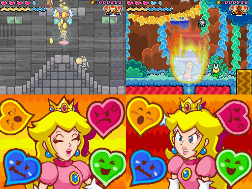 Two screenshots from "Super Princess Peach" showing Peach using her emotion-based powers, called "vibes."