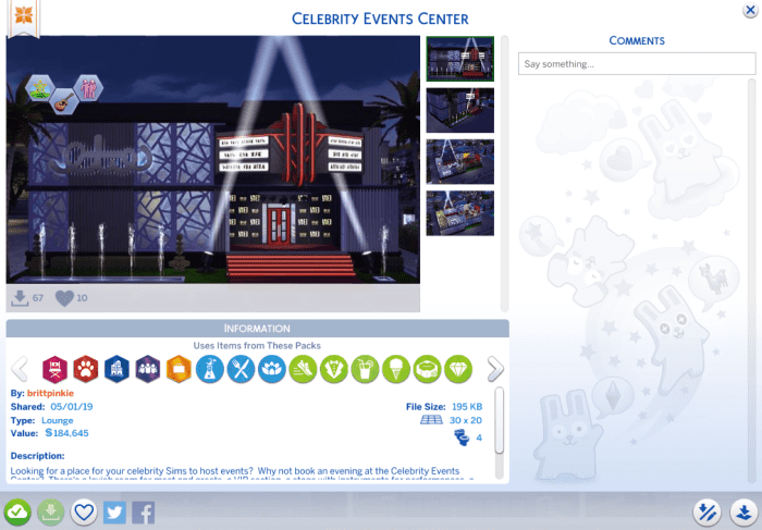 I created this "Celebrity Events Center" for my game and uploaded it to the gallery recently. I use it in my game for my celebrity Sims to host meet and greets.