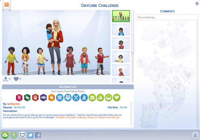 Feel free to download the Sims I created for the Daycare Challenge! Just look for "brittpinkie" in the Sims 4 Gallery and download the household "Daycare Challenge."