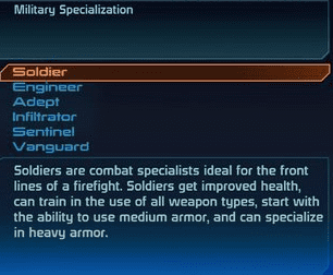 This mini screenshot from "Mass Effect" shows the information you are provided when starting a new character.