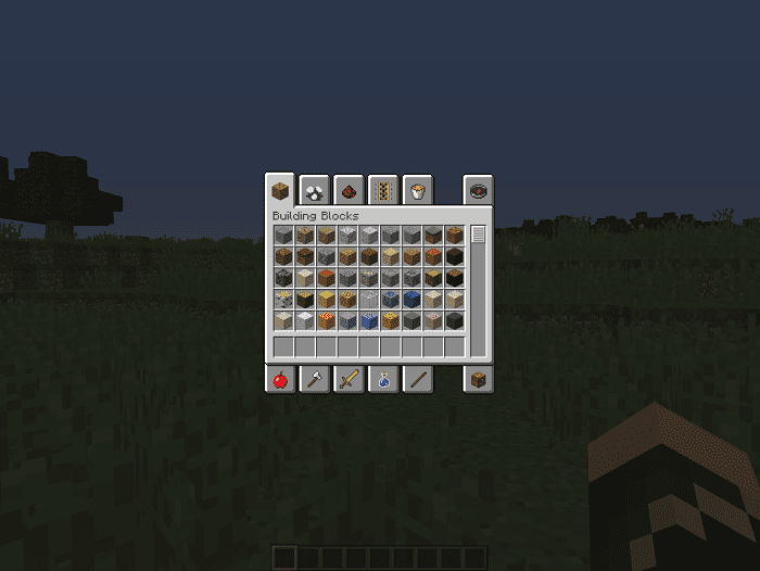 The inventory in Creative mode shows all building blocks and items available in-game.