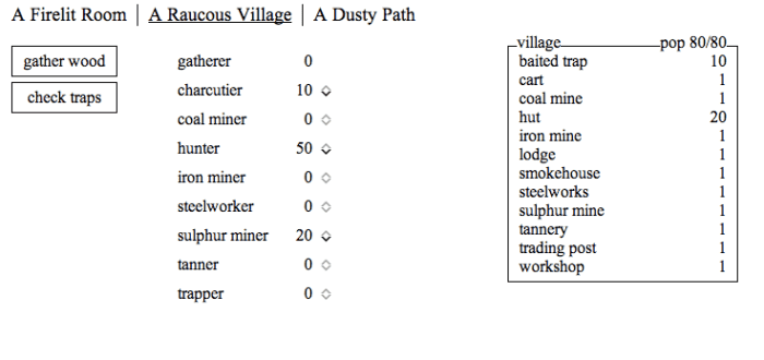 Your village in "A Dark Room." Your options expand as you gather more villagers and craft more items.