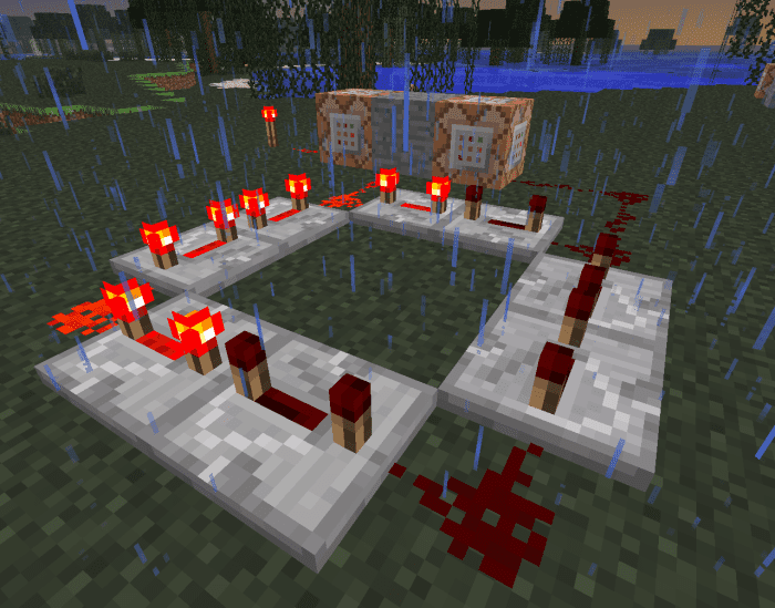 Redstone loops create repeating commands, like this rain weather machine!