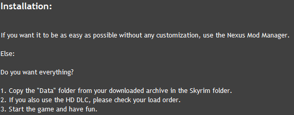 Installation instructions of the mod we downloaded using Nexus Mod Manager.