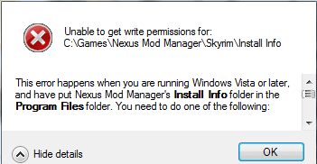 Permissions error often seen for Windows Vista and Windows 7 users installing Nexus Mod Manager.
