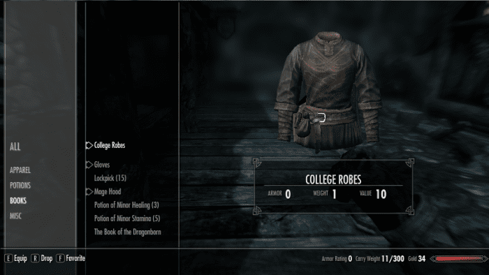 The default Skyrim User Interface as designed by Bethesda showing your characters equipment.