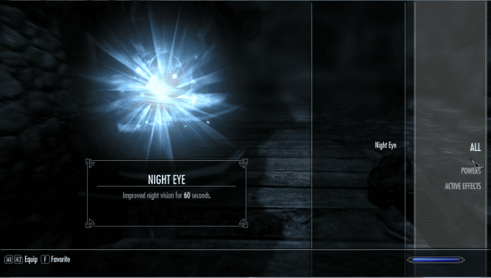 The original Skyrim User Interface showing your characters available magic spells.