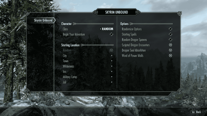 Configurable options for the Skyrim Unbound mod when using Sky UI in Skyrim.