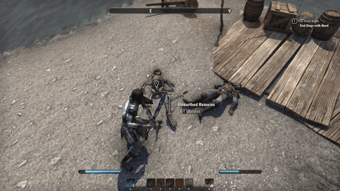 Searching bodies on the seaside of Vivec's Antlers during the Cleansing the Past quest in The Elder Scrolls Online.