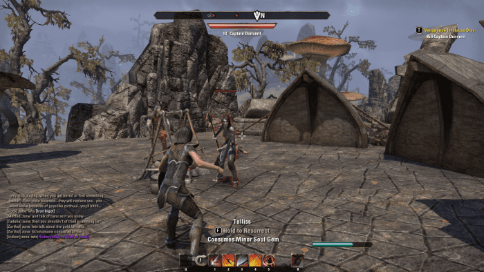 Battling Dunveril on the outskirts of Kragenmoor during the Vengeance for House Dres quest in The Elder Scrolls Online.