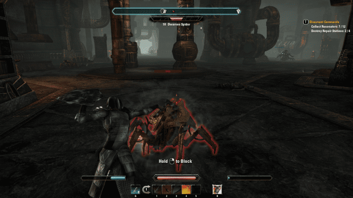 Battling a Dwarven Spider construct during the Dissonant Commands quest in The Elder Scrolls Online.